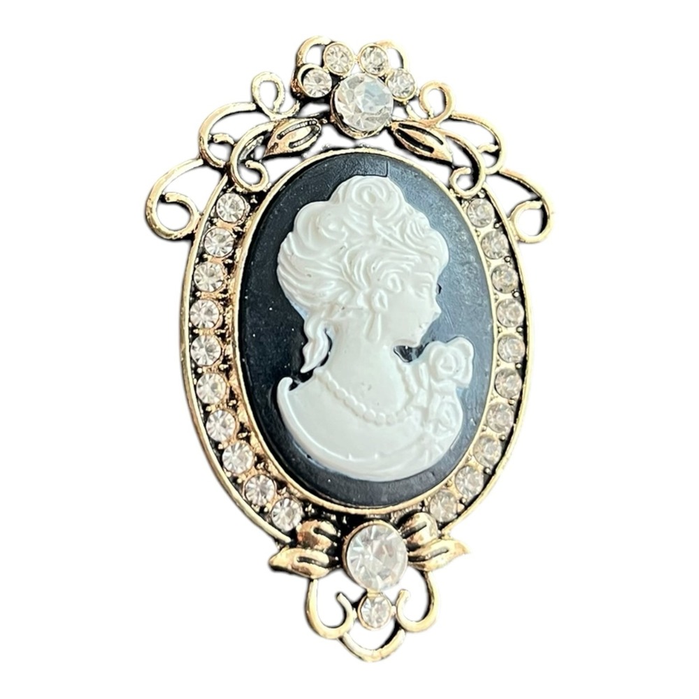 Cameo Brooch Pin 2.25" Victorian Style Rhinestone Gold Tone Jewelry